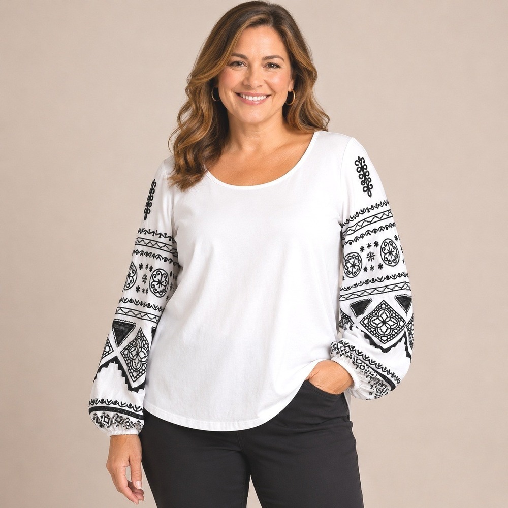 Chico's 3 White Embroidered‎ Sleeve Top XL Black Boho Peasant Balloon Sleeve